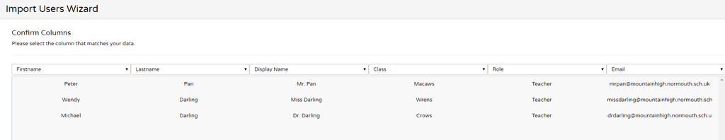 Import user staff matching columns